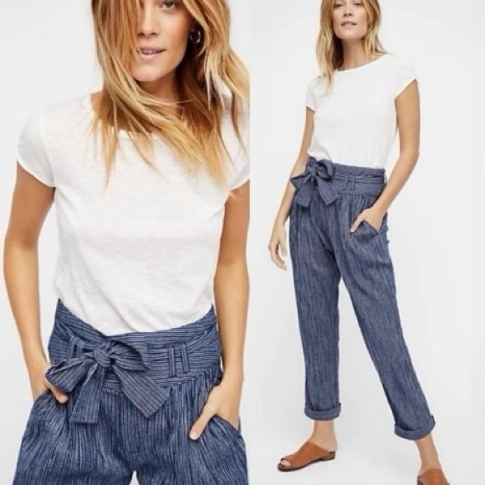 Free People Striped Blue & White Harem High Rise Cropped Ankle Belted Pants Sz 6